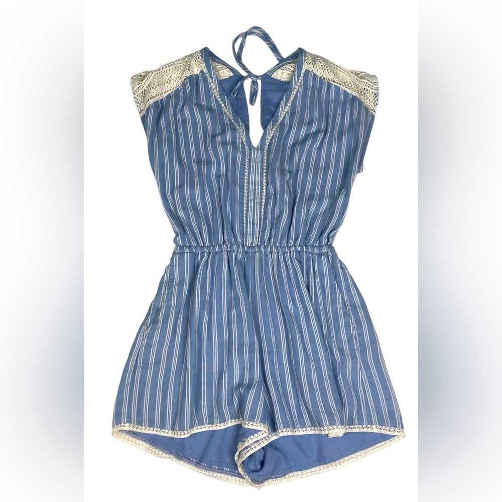Abercrombie & Fitch Women XS Romper Blue White Stripe Crochet Detail Boho